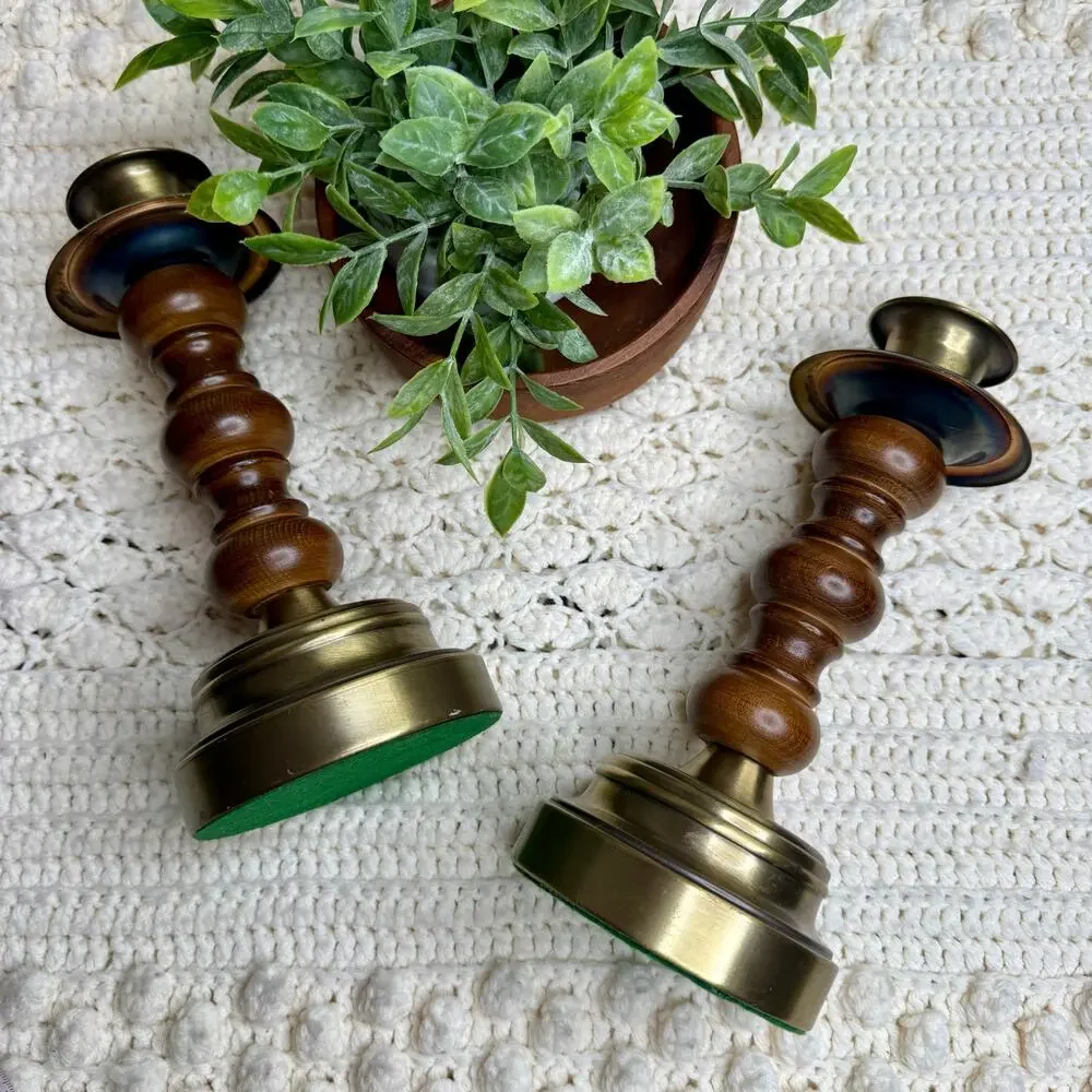 Vintage Mid Century Brass and Wood Candlestick Holders Set of Two Heavy